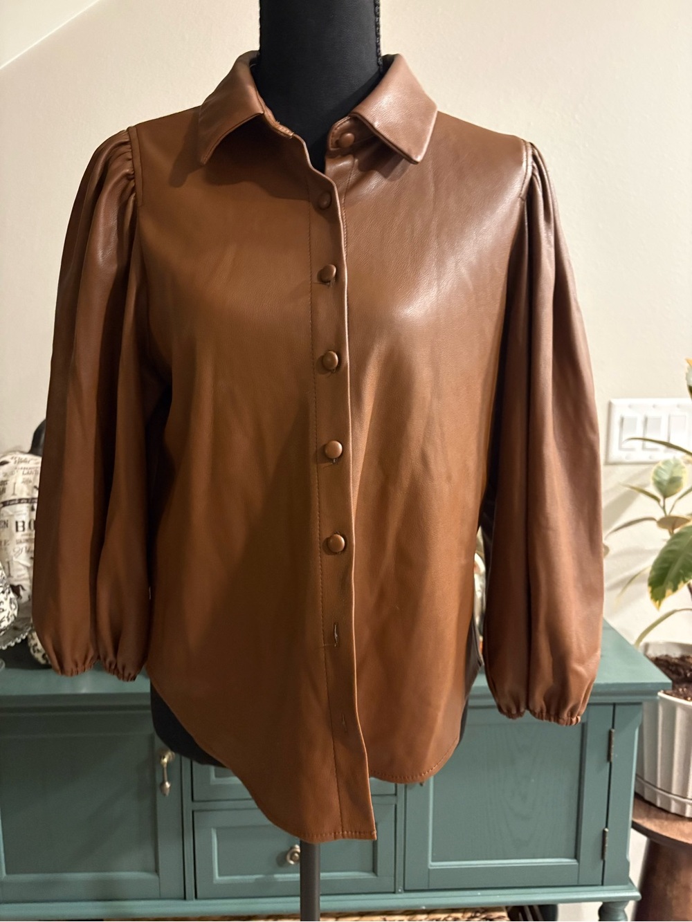 Women's Chestnut Faux-Leather Button Front Blouse